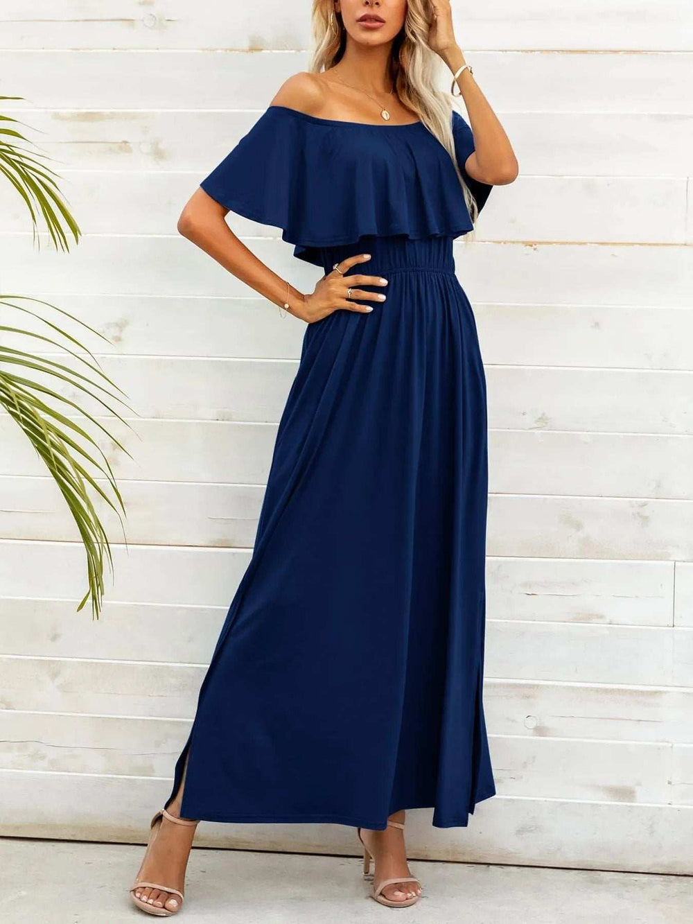 Off-Shoulder Slit Maxi Dress - Trendsi - Flyclothing LLC