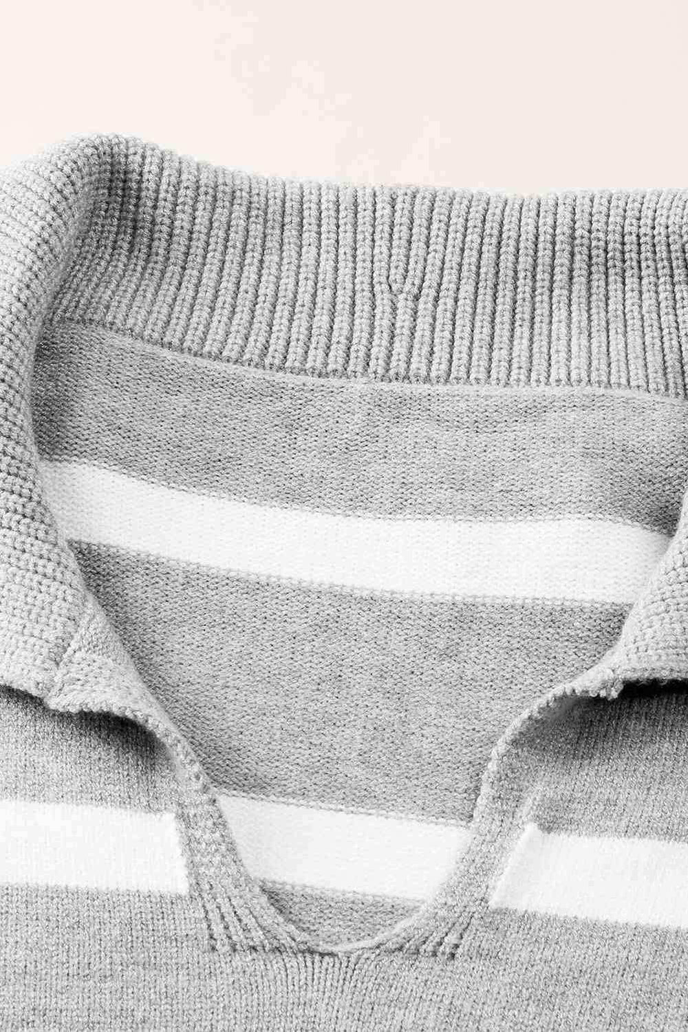 Striped Collared Neck Slit Sweater - Trendsi - Flyclothing LLC