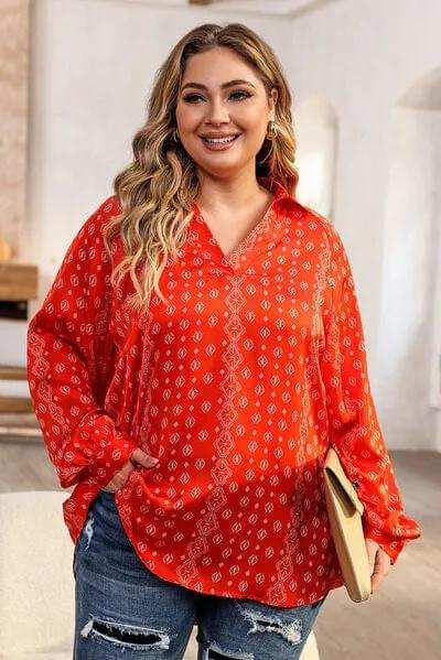 Plus Size Printed Johnny Collar Long Sleeve Blouse - Trendsi - Flyclothing LLC