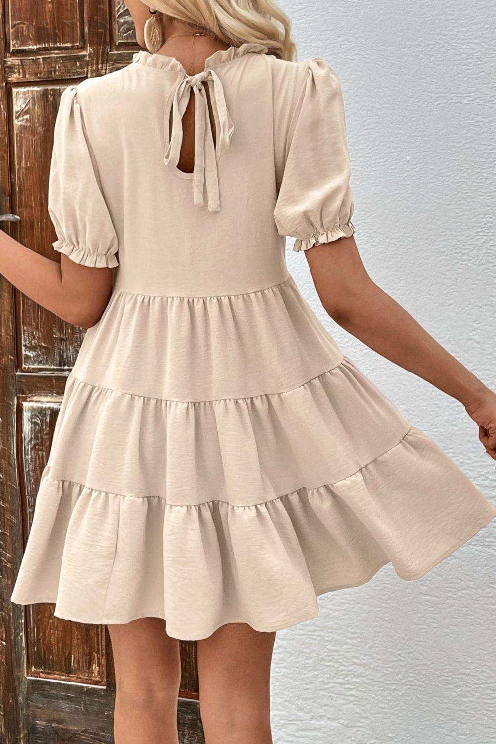 Puff Sleeve Tie Back Tiered Dress - Trendsi - Flyclothing LLC