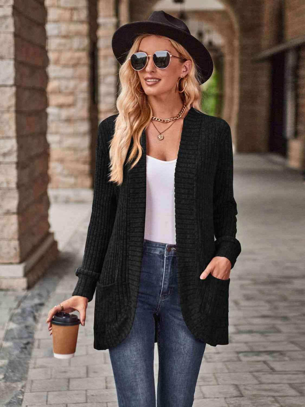 Open Front Cardigan with Pockets - Trendsi - Flyclothing LLC