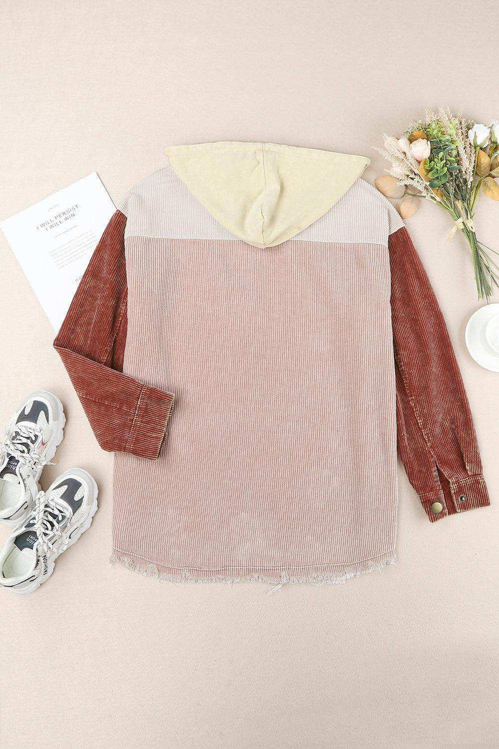 Snap Front Hooded Corduroy Shacket - Trendsi - Flyclothing LLC