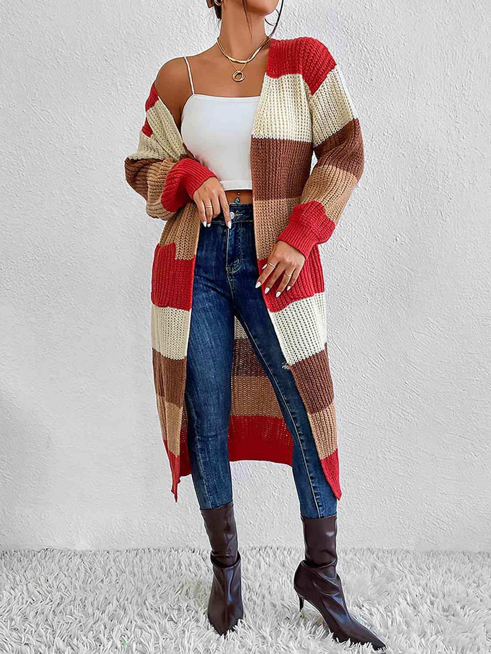 Color Block Open Front Longline Cardigan - Trendsi - Flyclothing LLC