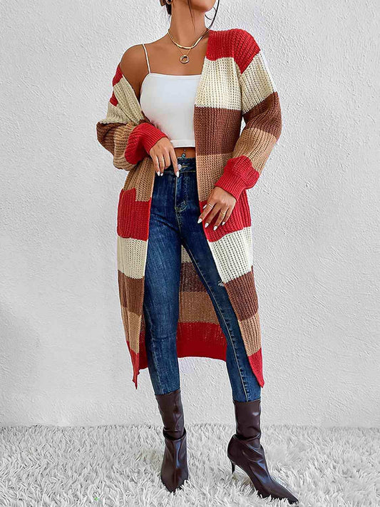 Color Block Open Front Longline Cardigan - Trendsi - Flyclothing LLC