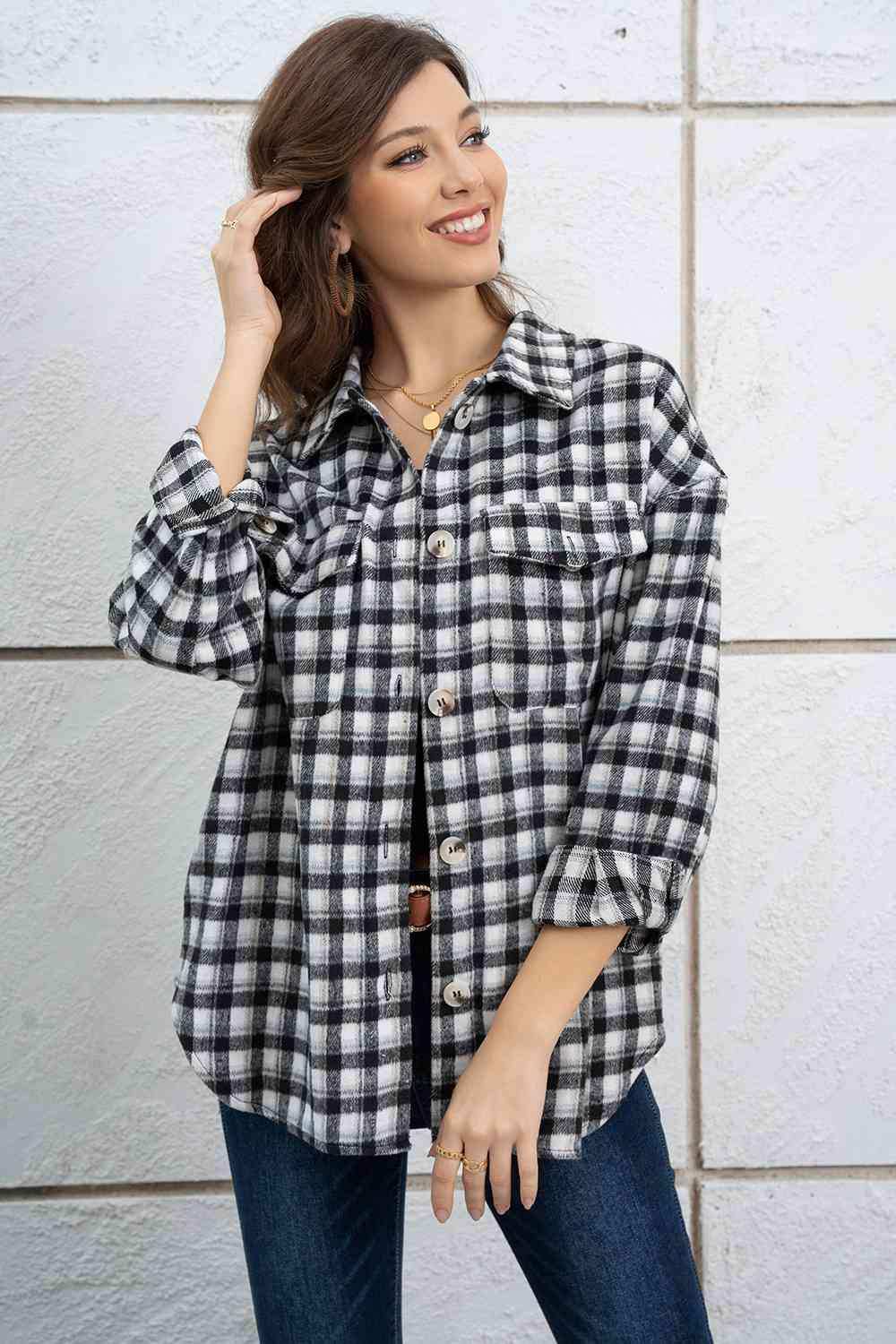 Plaid Dropped Shoulder Shirt Jacket - Trendsi - Flyclothing LLC