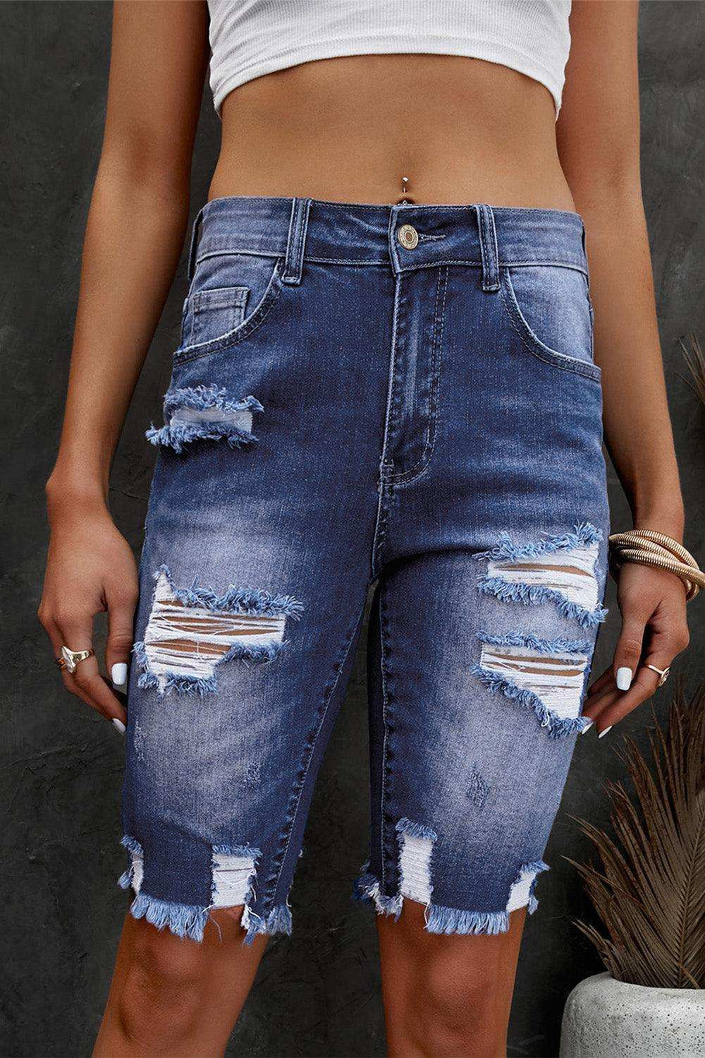 Distressed Frayed Hem Denim Bermuda Shorts - Trendsi - Flyclothing LLC