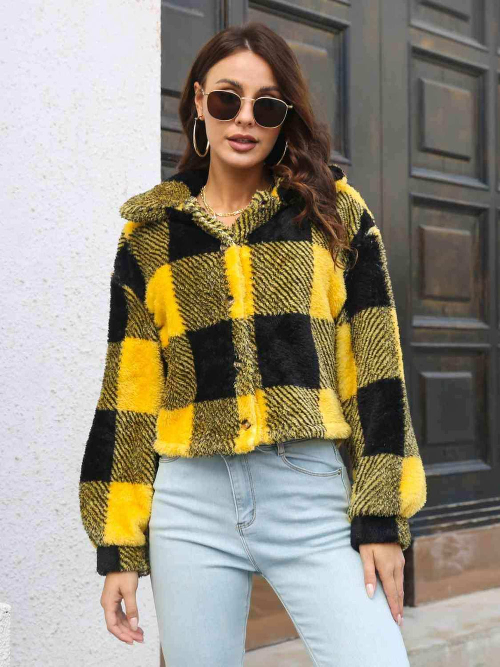 Plaid Dropped Shoulder Buttoned Jacket - Trendsi - Flyclothing LLC