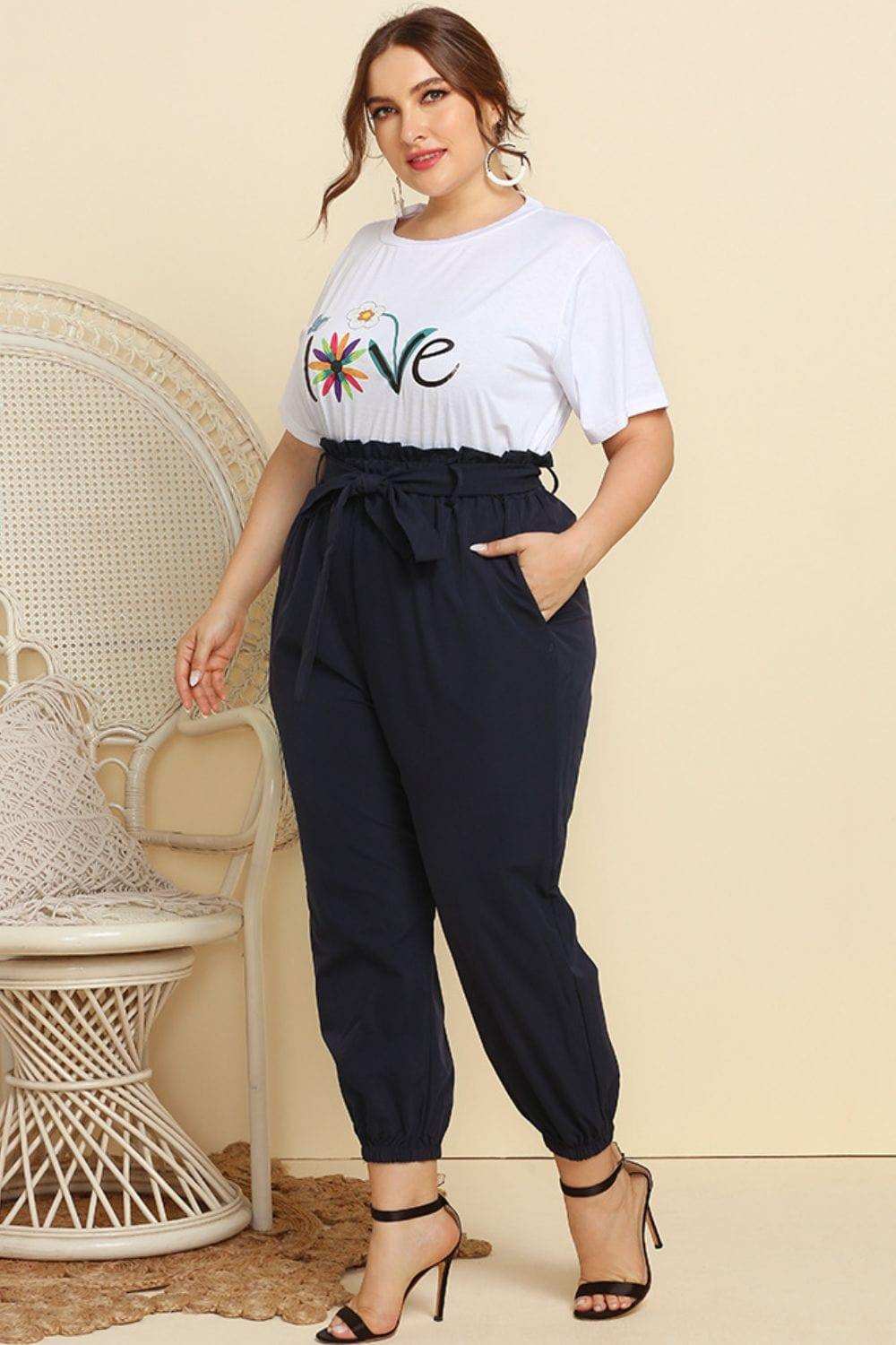 Graphic Tee and Belted Paperbag Joggers Set - Trendsi - Flyclothing LLC