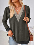Crochet Contrast V-Neck Long Sleeve Slit T-Shirt - Trendsi - Flyclothing LLC