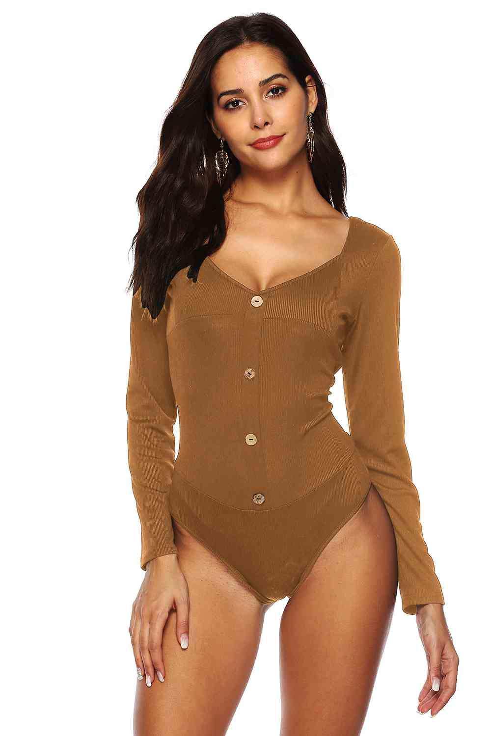 Button Detail Bodysuit - Trendsi - Flyclothing LLC