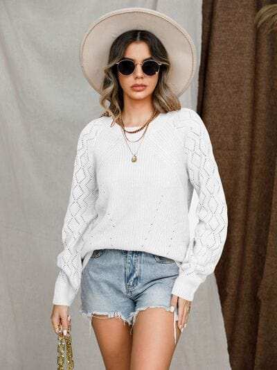 Openwork Round Neck Raglan Sleeve Sweater - Trendsi - Flyclothing LLC