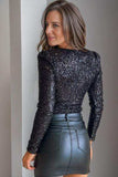 Sequin V-Neck Long Sleeve Bodysuit - Trendsi - Flyclothing LLC
