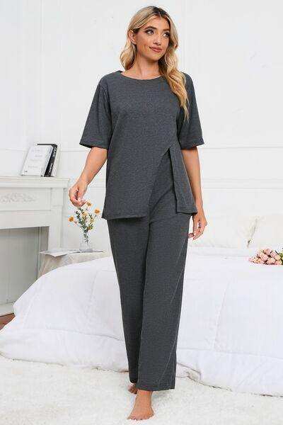Slit Round Neck Top and Pants Lounge Set - Trendsi - Flyclothing LLC