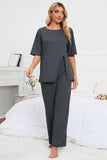 Slit Round Neck Top and Pants Lounge Set - Trendsi - Flyclothing LLC