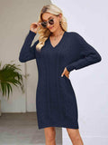 Cable-Knit V-Neck Mini Sweater Dress - Trendsi - Flyclothing LLC