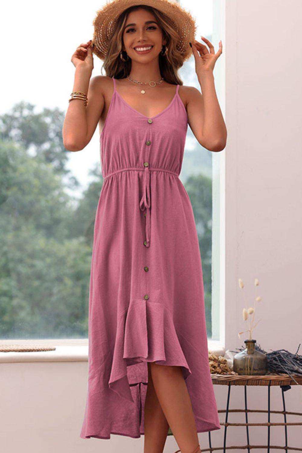 Spaghetti Strap Decorative Button Ruffled Dress - Trendsi - Flyclothing LLC