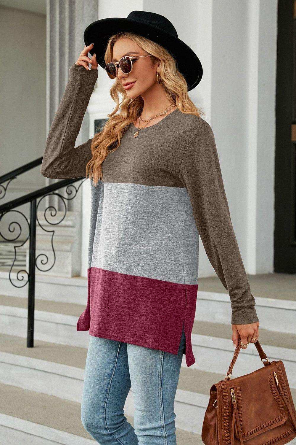 Color Block Round Neck Long Sleeve Slit T-Shirt - Trendsi - Flyclothing LLC