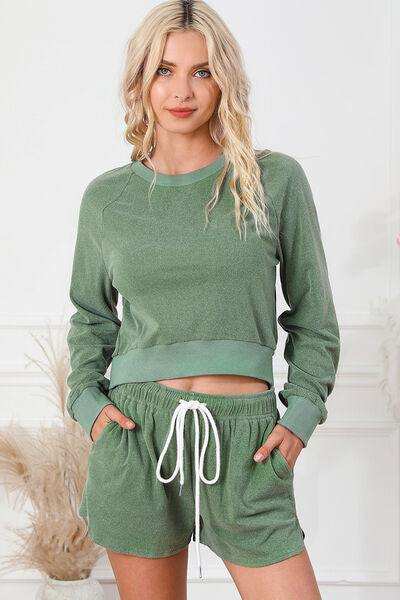 Round Neck Long Sleeve Top and Drawstring Shorts Lounge Set - Trendsi - Flyclothing LLC