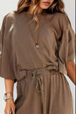 Round Neck Dropped Shoulder Top and Pants Set - Trendsi - Flyclothing LLC
