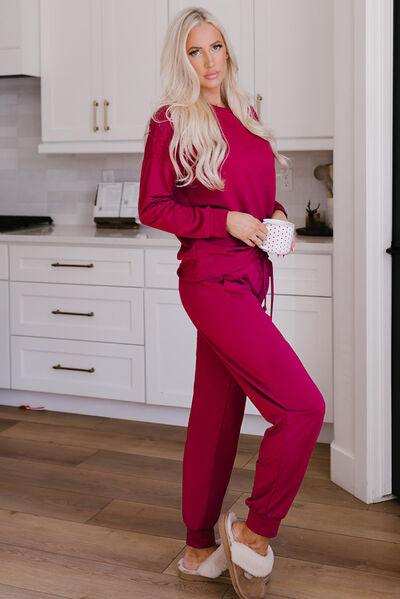 Round Neck Top and Drawstring Pants Lounge Set - Trendsi - Flyclothing LLC