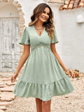 Swiss Dot V-Neck Openwork Puff Sleeve Dress - Trendsi - Flyclothing LLC