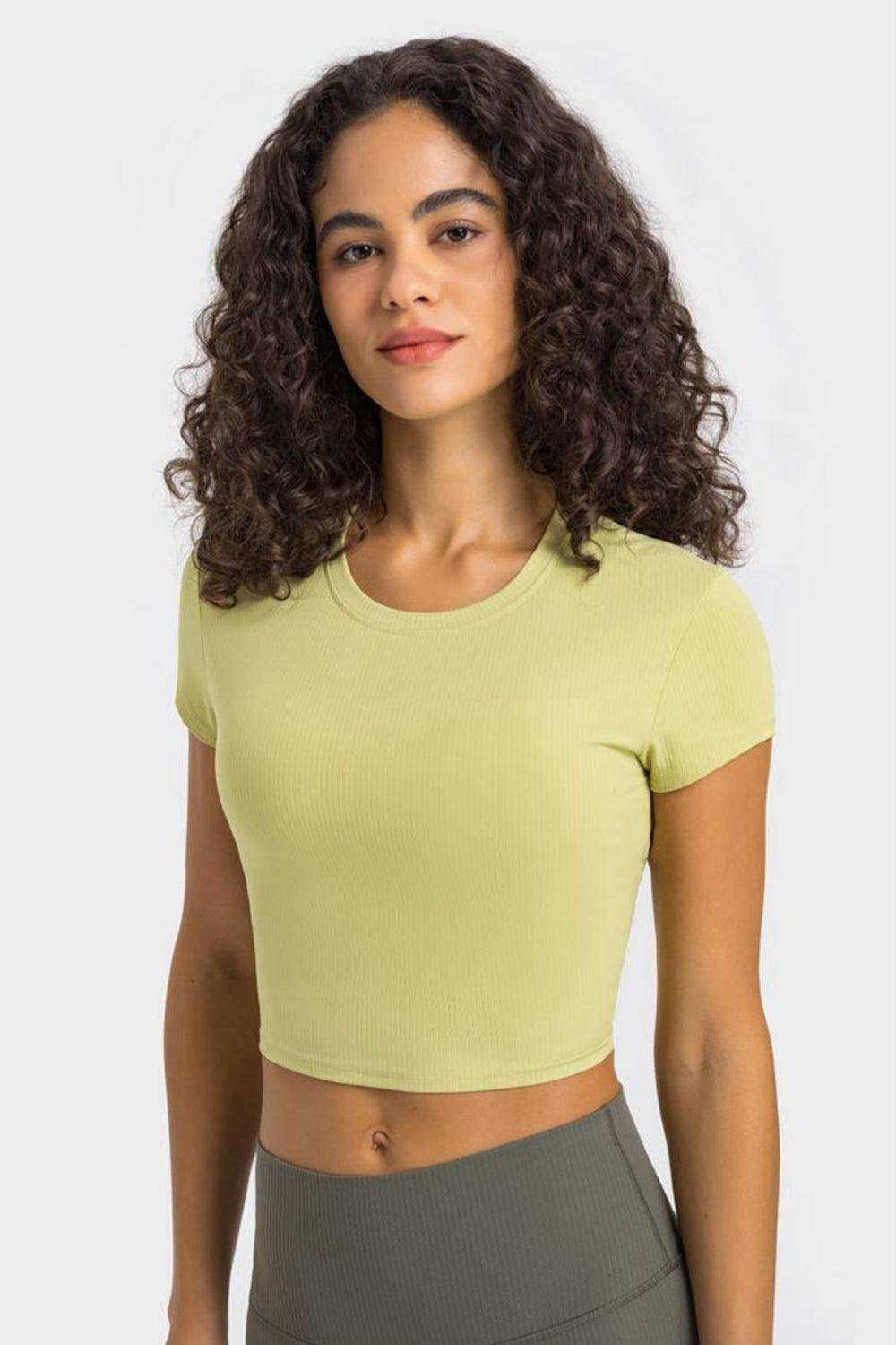 Round Neck Short Sleeve Cropped Sports T-Shirt - Trendsi - Flyclothing LLC