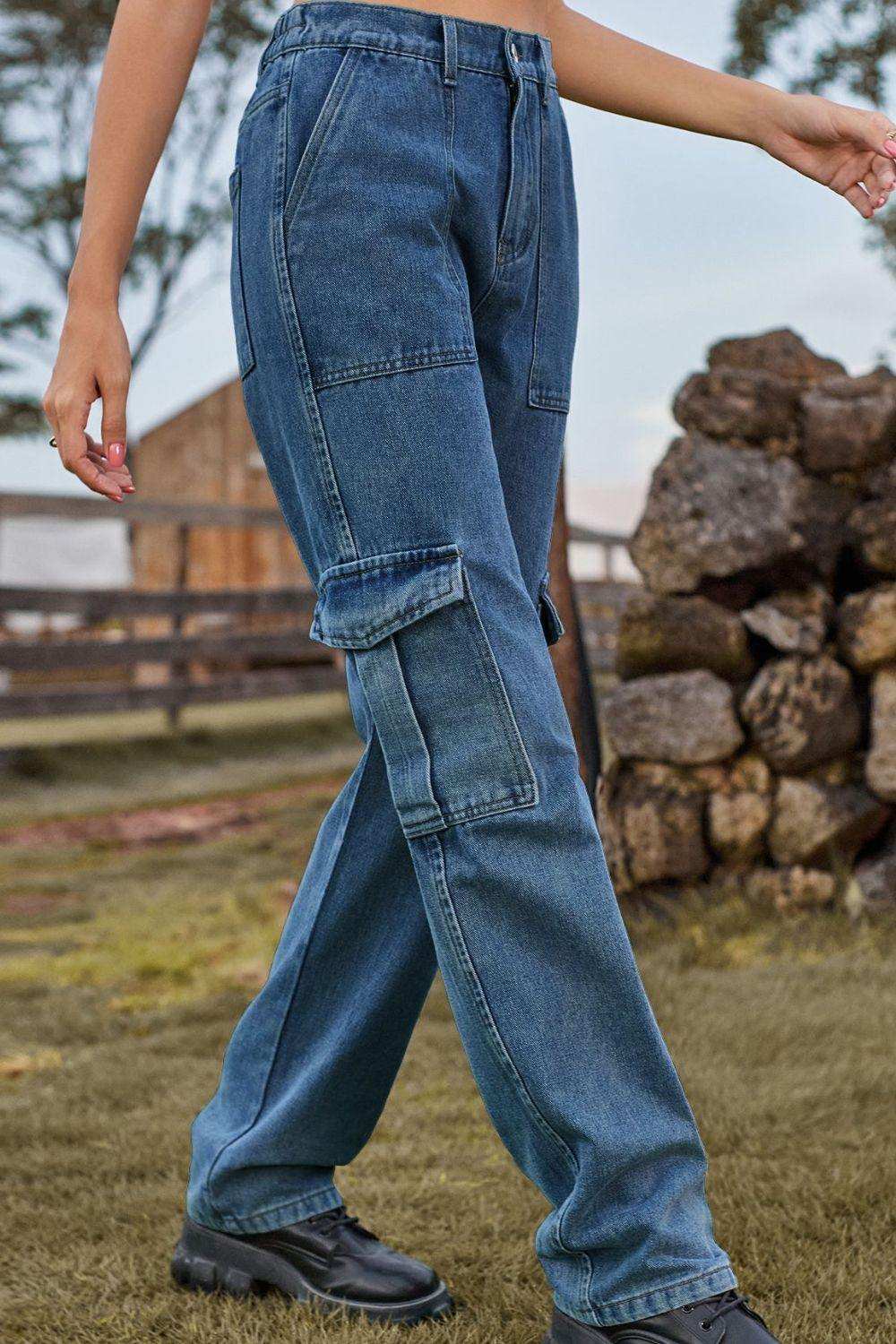 Loose Fit Long Jeans with Pockets - Trendsi - Flyclothing LLC