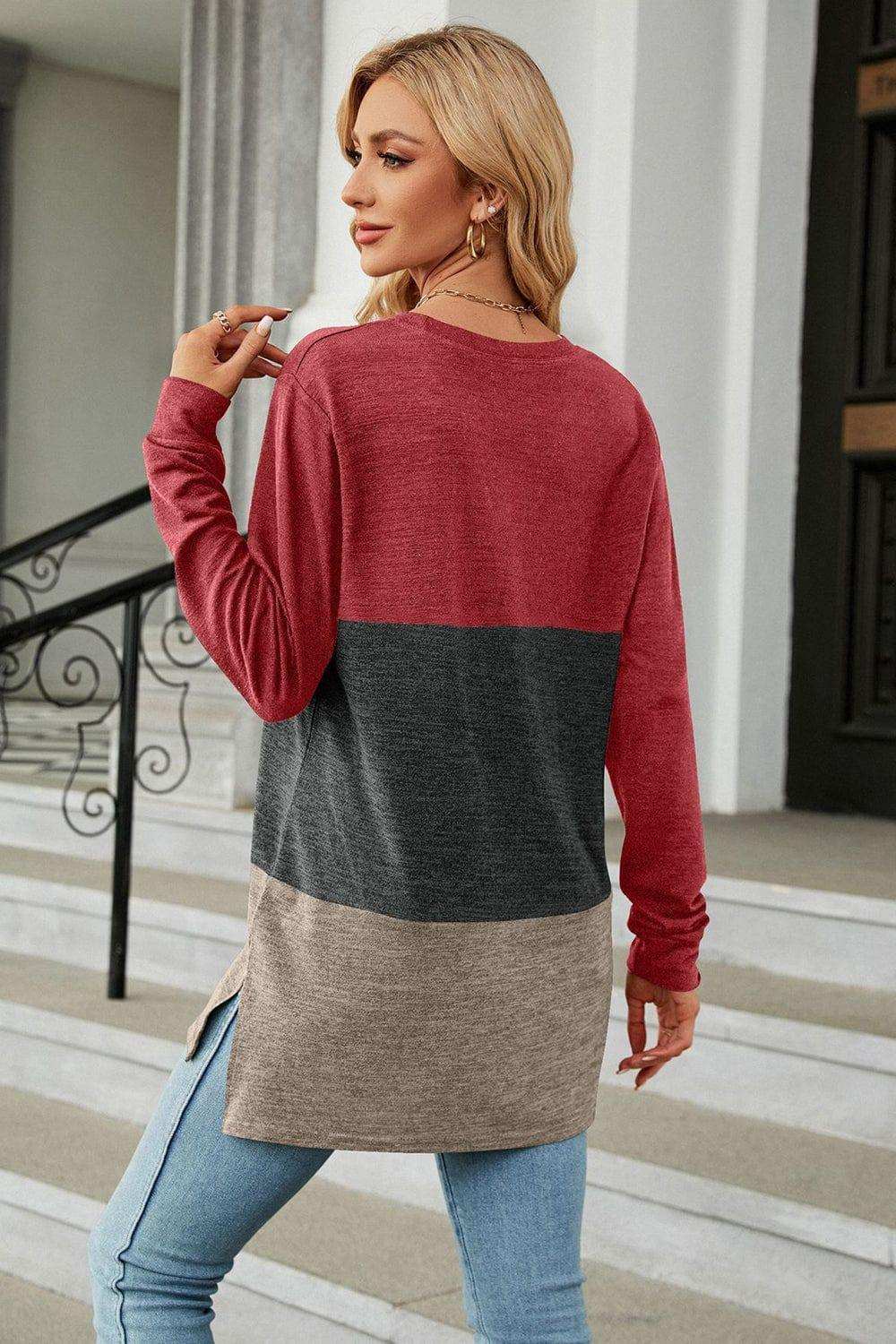 Color Block Round Neck Long Sleeve Slit T-Shirt - Trendsi - Flyclothing LLC