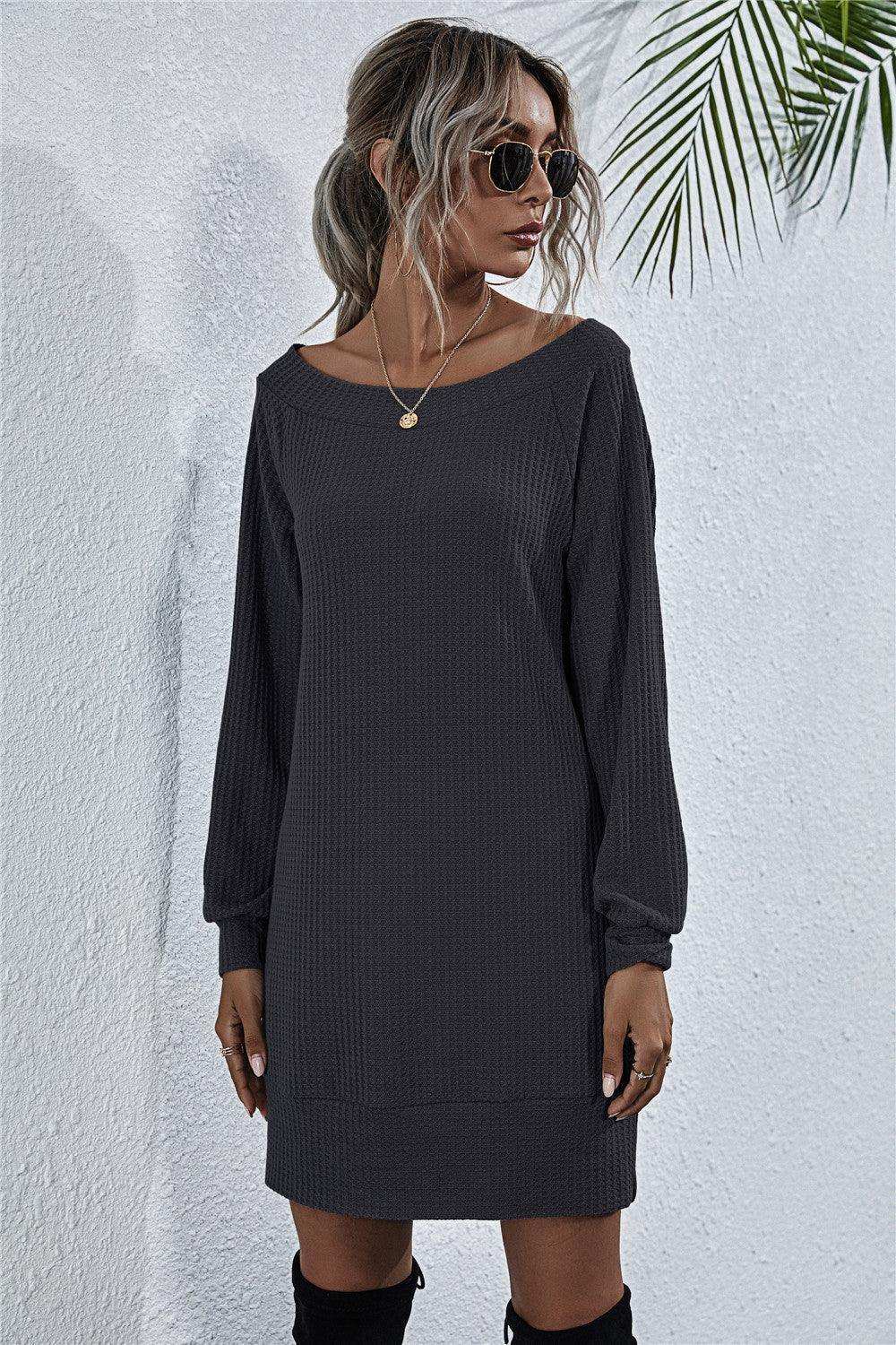 Waffle-Knit Boat Neck Mini Dress - Trendsi - Flyclothing LLC