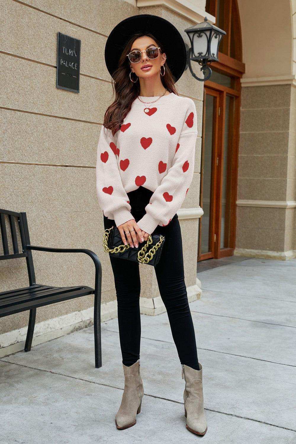Heart Pattern Lantern Sleeve Round Neck Tunic Sweater - Trendsi - Flyclothing LLC
