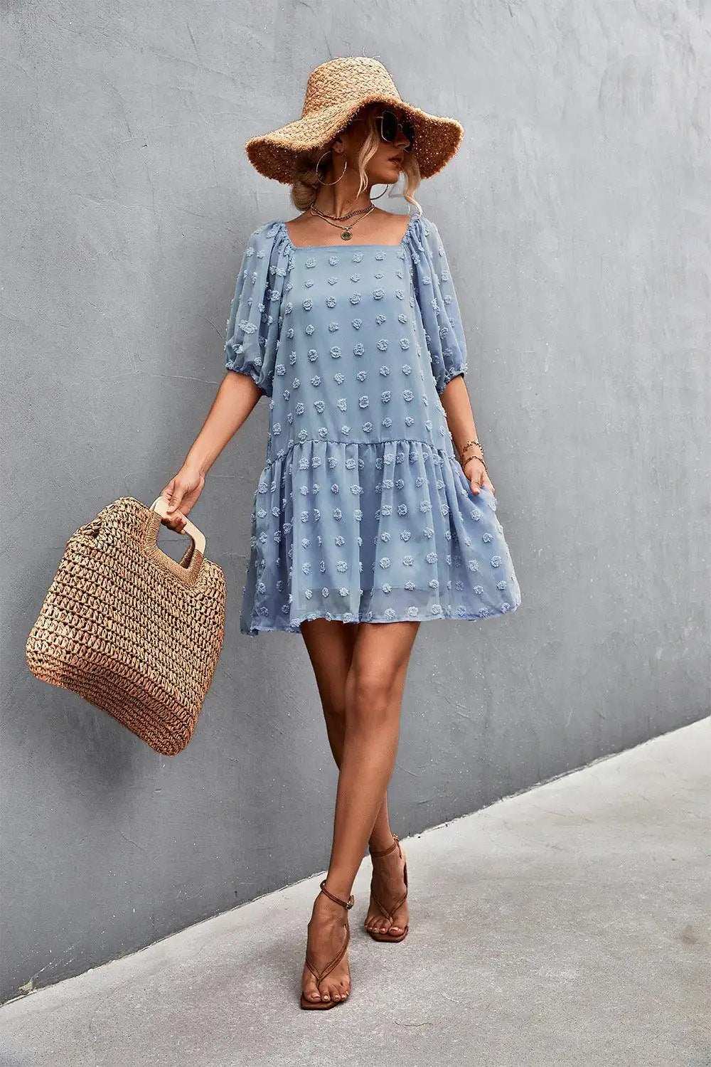 Swiss Dot Square Neck Half Balloon Sleeve Dress - Trendsi - Flyclothing LLC