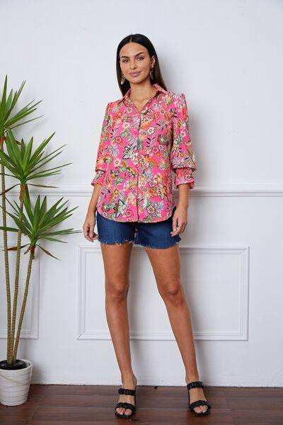 Floral Button Up Flounce Sleeve Shirt - Trendsi - Flyclothing LLC