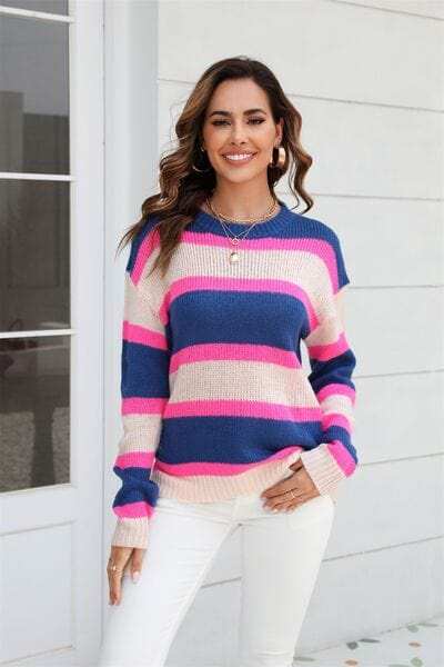 Color Block Round Neck Dropped Shoulder Sweater - Trendsi - Flyclothing LLC