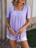 Ruched Square Neck Short Sleeve Blouse - Trendsi - Flyclothing LLC
