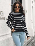 Striped Round Neck Dropped Shoulder Sweater - Trendsi - Flyclothing LLC