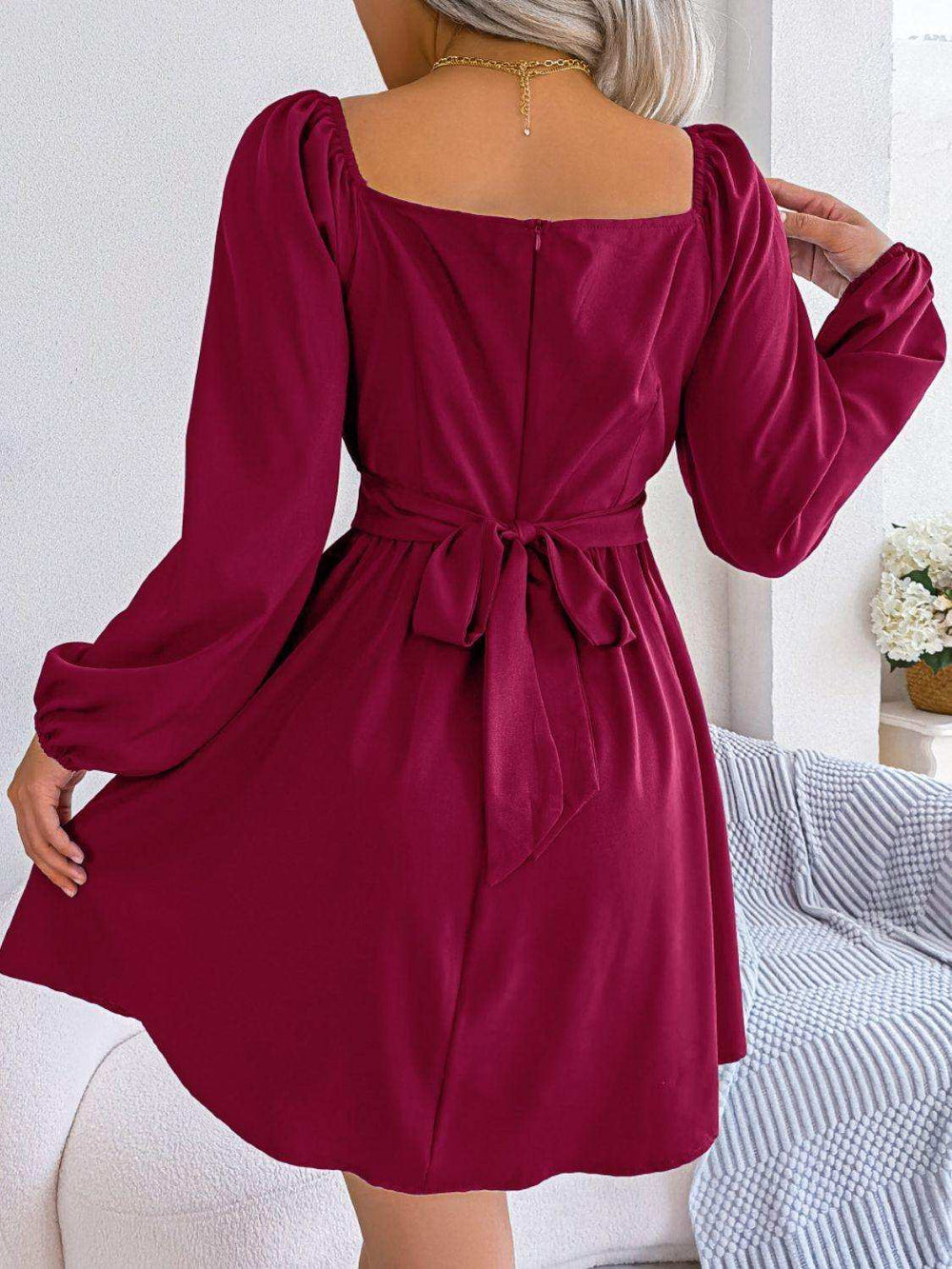 Tied Square Neck Balloon Sleeve Dress - Trendsi - Flyclothing LLC