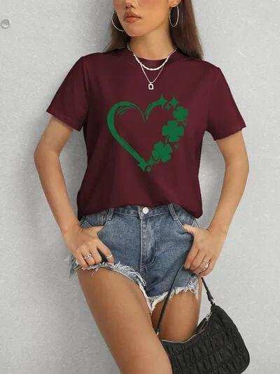 Heart Lucky Clover Round Neck Short Sleeve T-Shirt - Trendsi - Flyclothing LLC