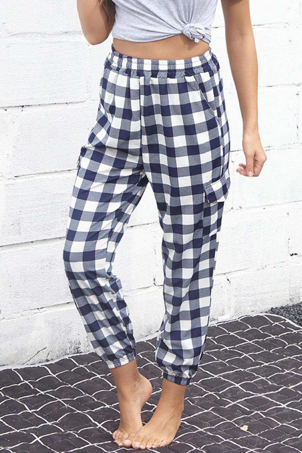 Plaid Elastic High Waist Cargo Pants - Trendsi - Flyclothing LLC