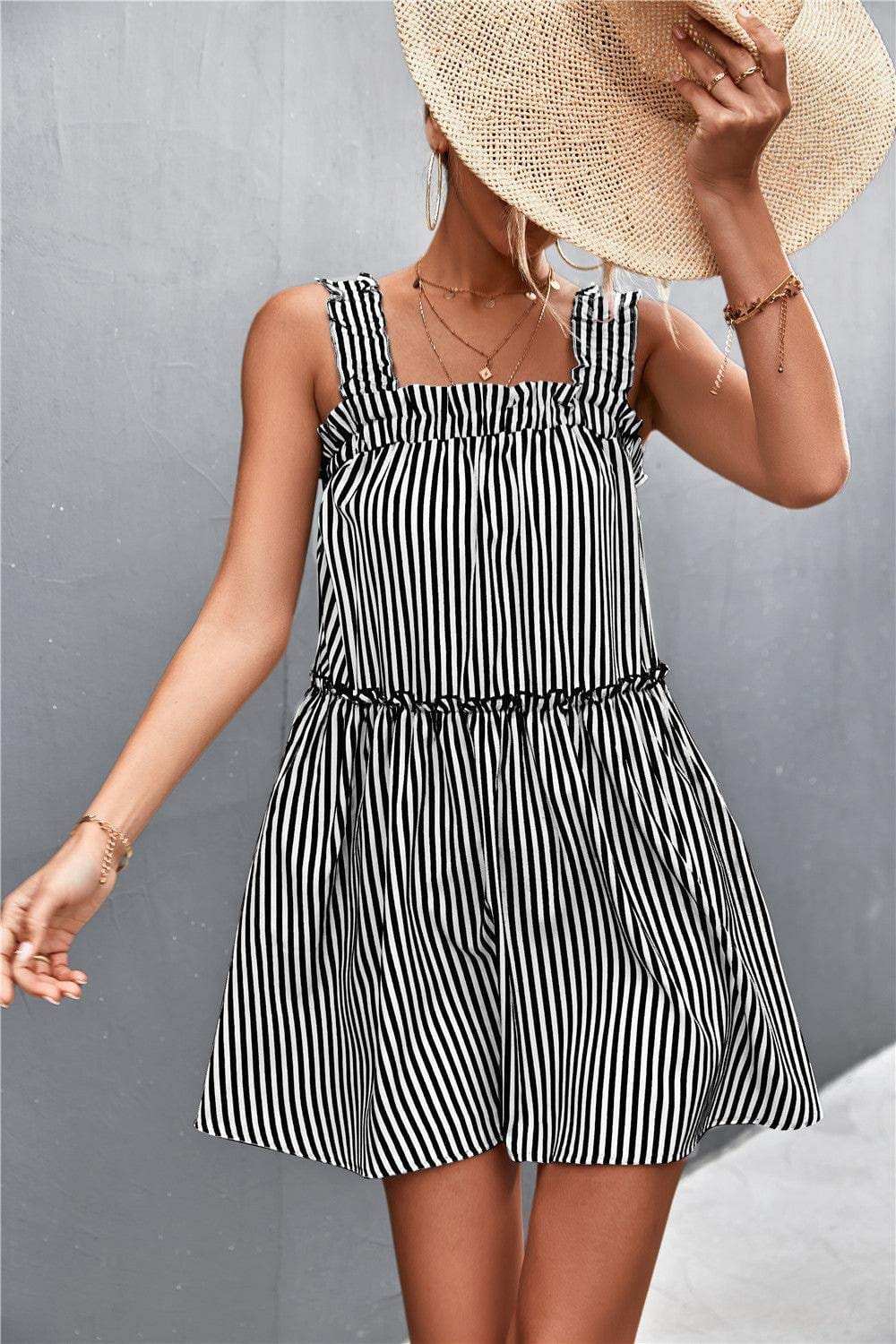Striped Frill Trim Square Neck Dress - Trendsi - Flyclothing LLC