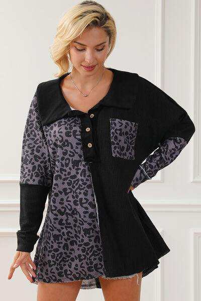 Half Button Leopard Collared Neck Blouse - Trendsi - Flyclothing LLC