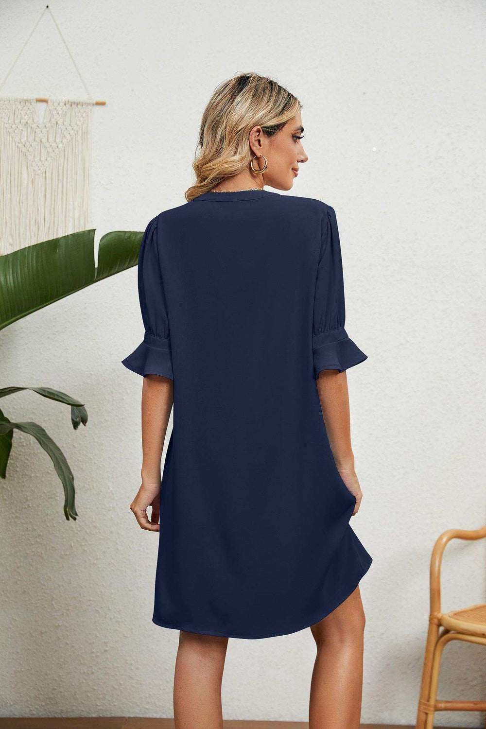 Notched Neck Flounce Sleeve Dress - Trendsi - Flyclothing LLC