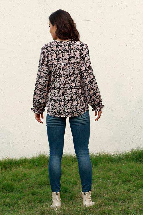 Floral Flounce Sleeve Round Neck Blouse - Trendsi - Flyclothing LLC