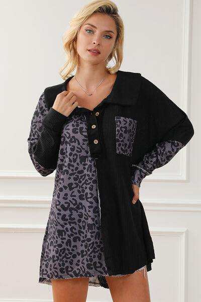 Half Button Leopard Collared Neck Blouse - Trendsi - Flyclothing LLC