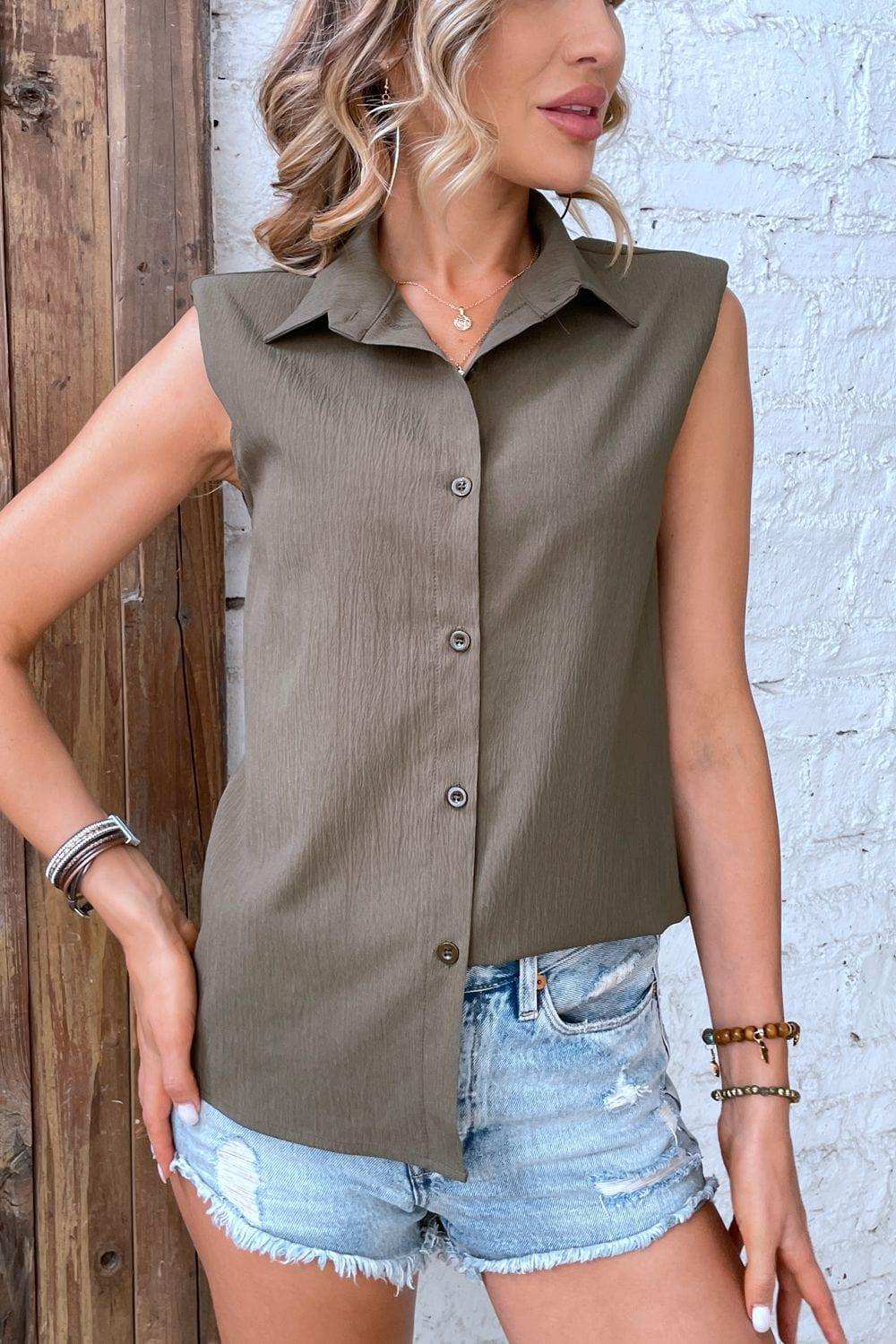 Collared Neck Sleeveless Shirt - Trendsi - Flyclothing LLC