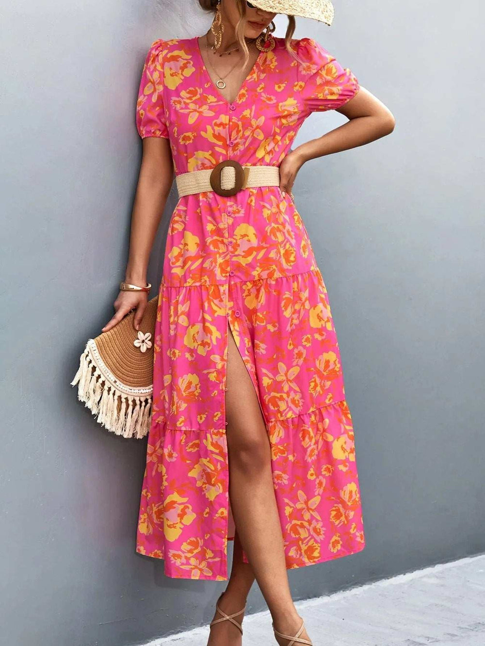 V-Neck Short Sleeve High Slit Midi Dress - Trendsi - Flyclothing LLC