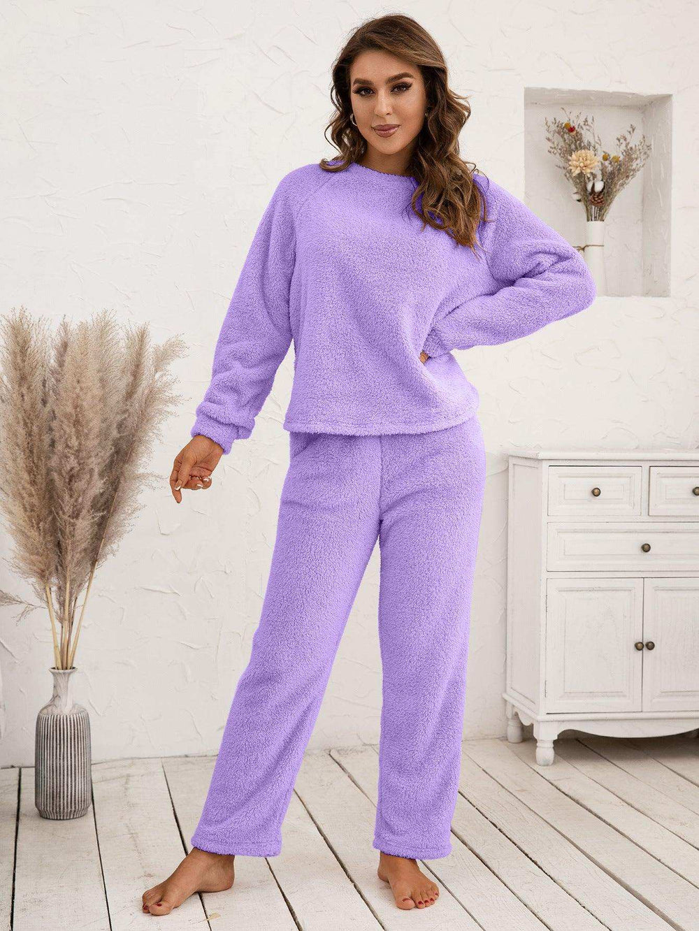 Teddy Long Sleeve Top and Pants Lounge Set - Trendsi - Flyclothing LLC