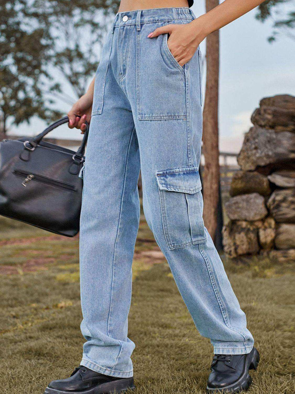High Waist Cargo Jeans - Trendsi - Flyclothing LLC
