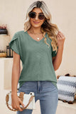 Eyelet V-Neck Petal Sleeve T-Shirt - Trendsi - Flyclothing LLC