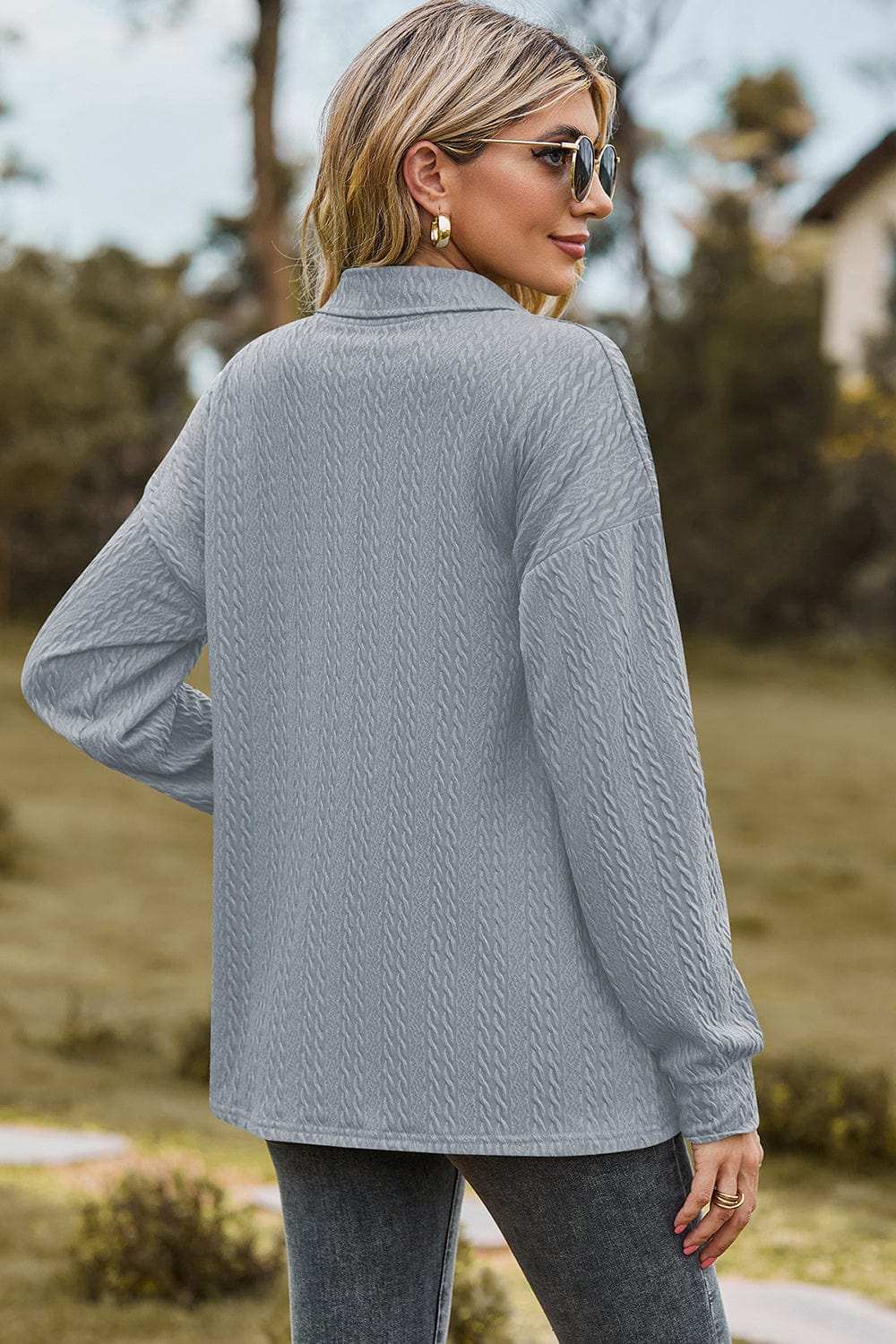 Half Button Dropped Shoulder Blouse - Trendsi - Flyclothing LLC