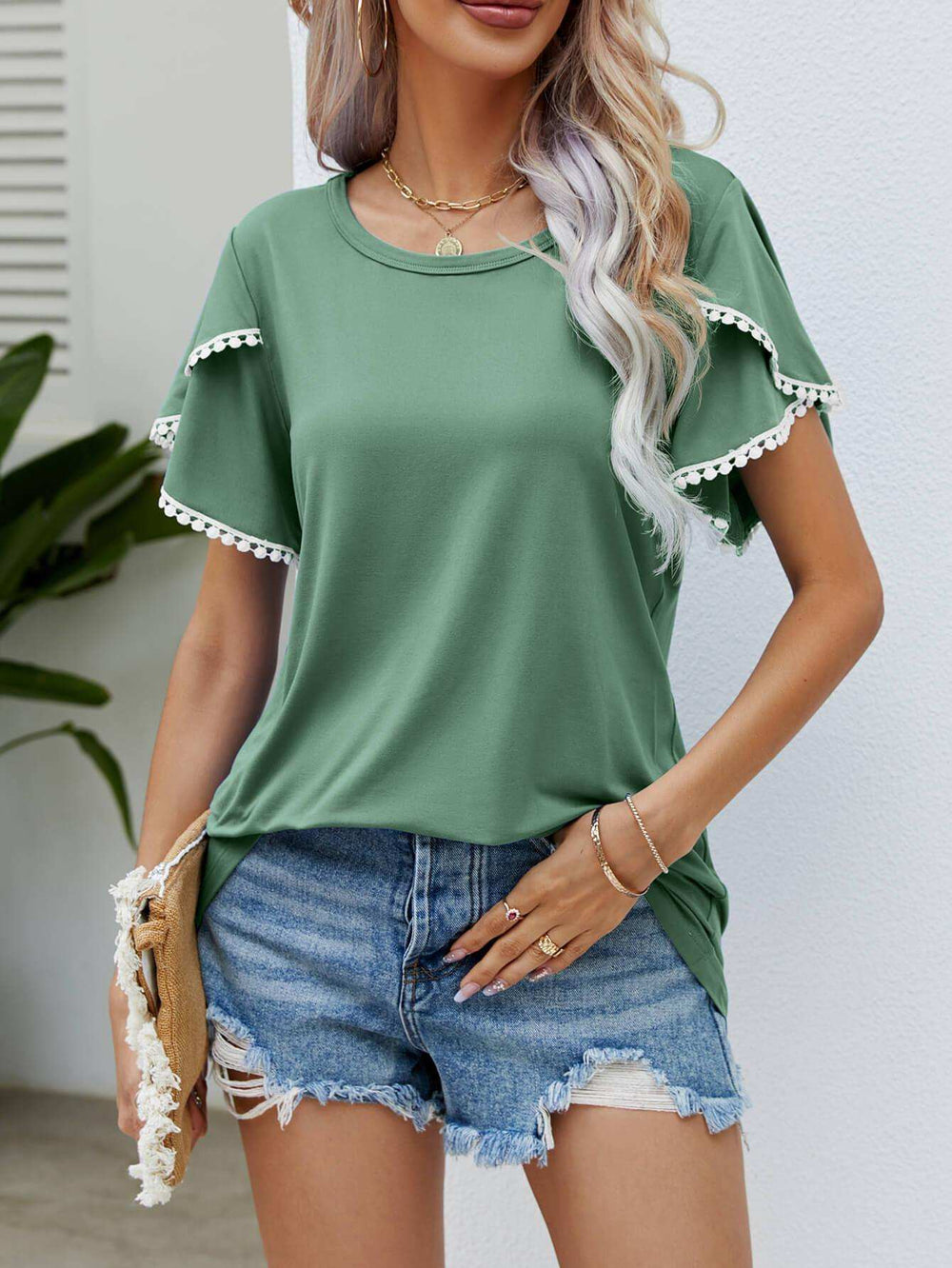 Pom-Pom Trim Flutter Sleeve Round Neck Tee - Trendsi - Flyclothing LLC